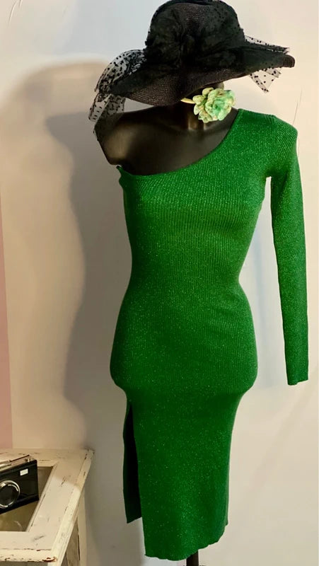 Abito Longuette Midi In Lanetta Glitterato Monospalla Elastico