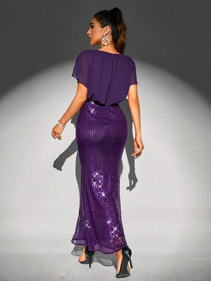 Abito Elegante Da Sera Con Paillettes A Contrasto Con Spilla decorativa & Cappello