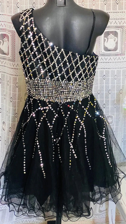 Abito Elegante Vintage Monospalla con Paillettes in Tulle