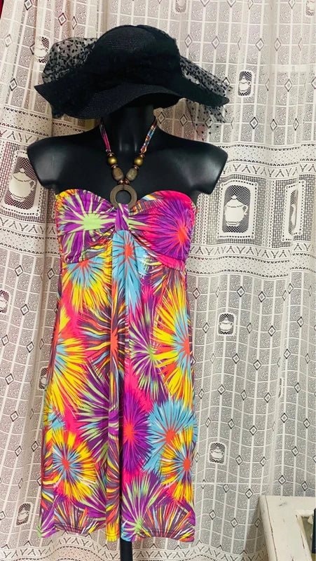 Halter Neck Dress with Decorative Wood Effect Necklace
