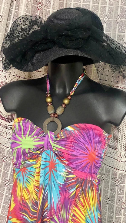 Halter Neck Dress with Decorative Wood Effect Necklace