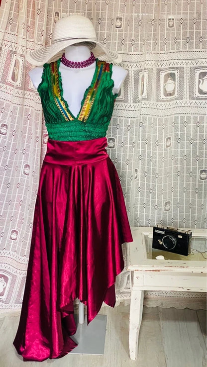 Set with asymmetric skirt and silk top