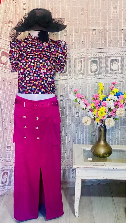 Long skirt set with belt and top