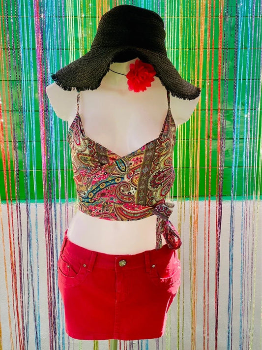 Cross-over Top and Denim Mini Skirt