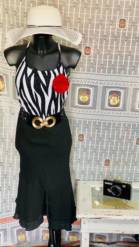 One-piece swimsuit and red skirt