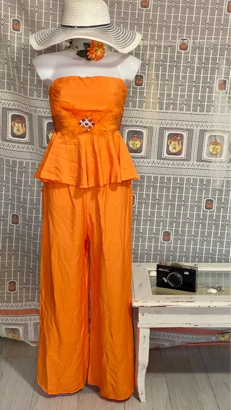 Coordinated top with peplum and palazzo trousers