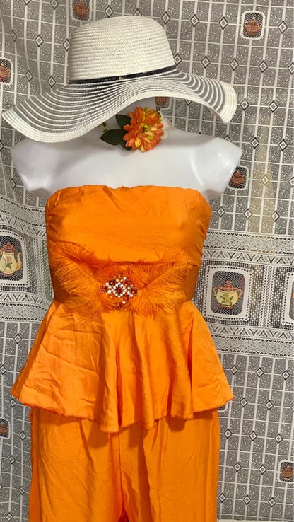 Coordinated top with peplum and palazzo trousers