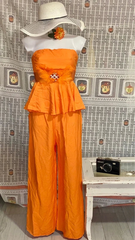 Coordinated top with peplum and palazzo trousers