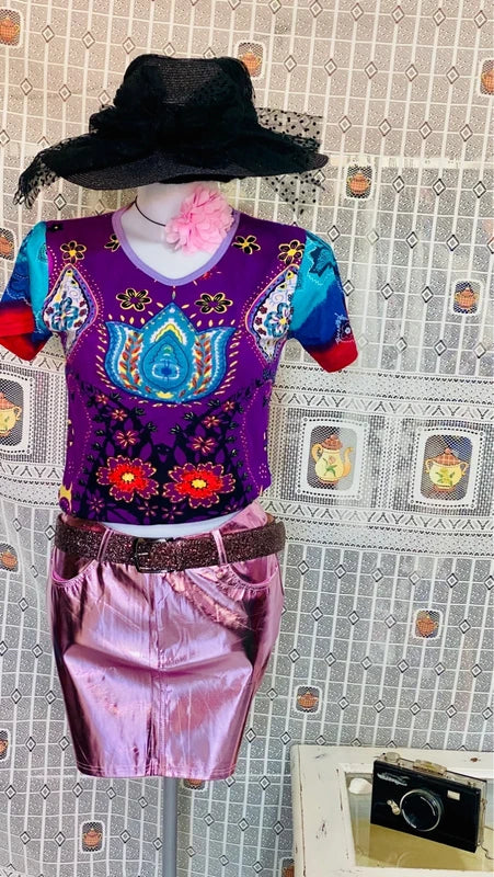 Women's Metallic Mini Skirt &amp; ROSE Top Set