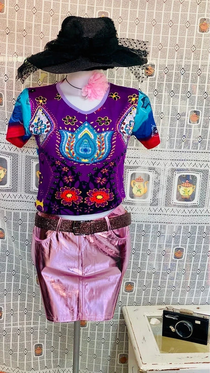 Women's Metallic Mini Skirt &amp; ROSE Top Set