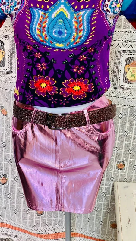 Women's Metallic Mini Skirt &amp; ROSE Top Set