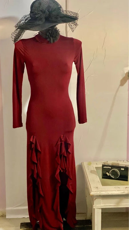 Burgundy Stretchy Long Cocktail Evening Dress