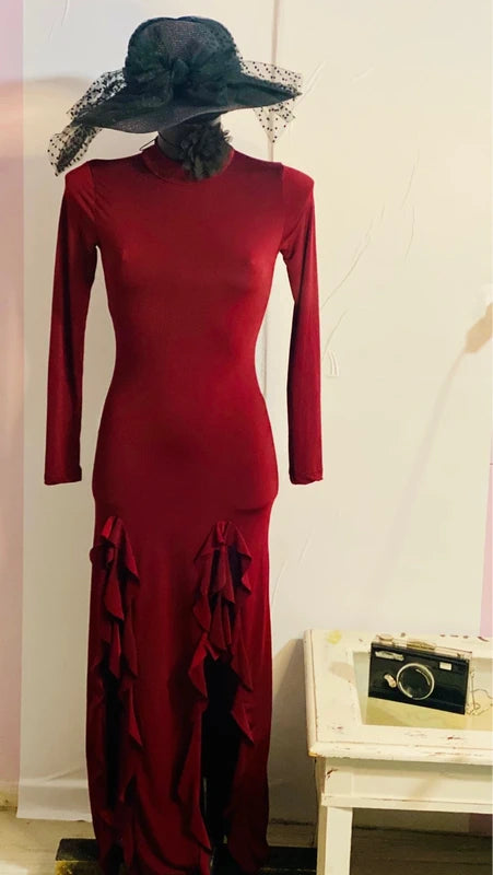 Burgundy Stretchy Long Cocktail Evening Dress
