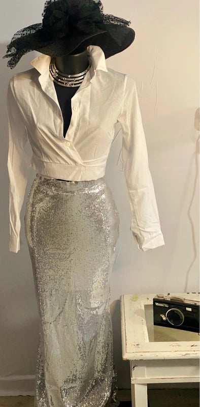 Completo Gonna Lunga con Paillettes e Camicia Crop