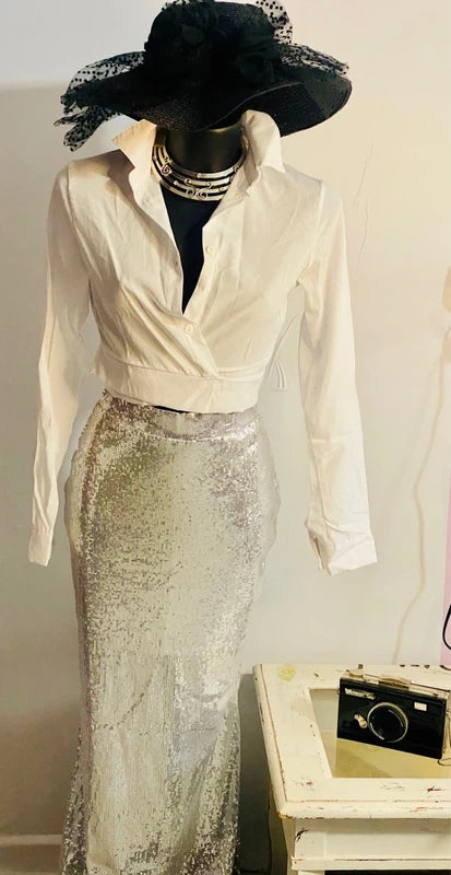 Completo Gonna Lunga con Paillettes e Camicia Crop