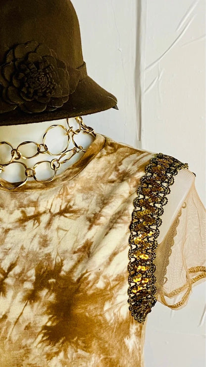 Completo Elegante T-shirt Top in Tulle e Paillettes con Pantalone Leggins