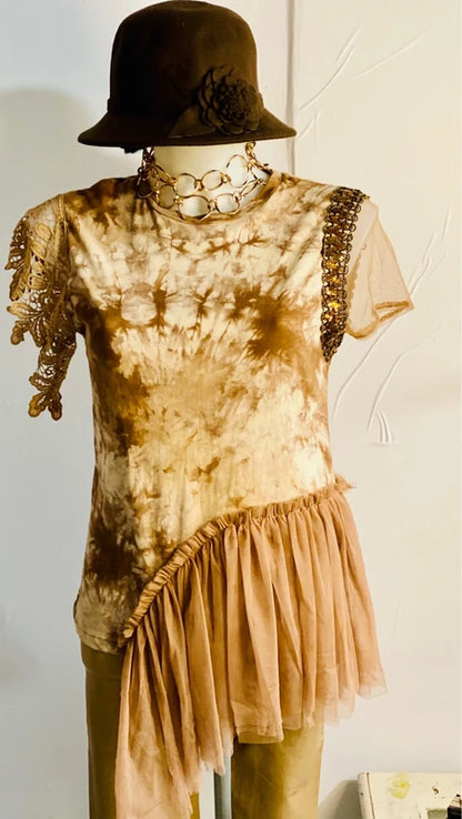 Completo Elegante T-shirt Top in Tulle e Paillettes con Pantalone Leggins