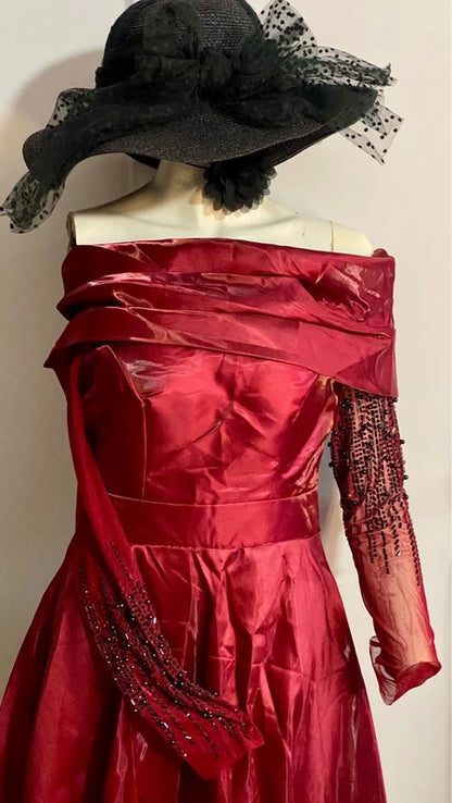 Abito Lungo Da Sera Bordeaux In Taffetà Con Scollo A Barca Misure Nelle Foto