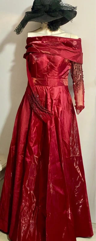 Abito Lungo Da Sera Bordeaux In Taffetà Con Scollo A Barca Misure Nelle Foto