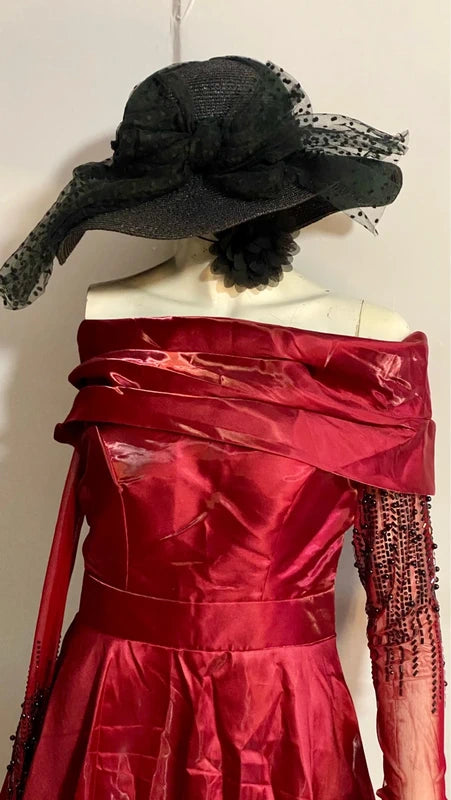 Abito Lungo Da Sera Bordeaux In Taffetà Con Scollo A Barca Misure Nelle Foto