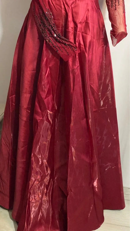 Abito Lungo Da Sera Bordeaux In Taffetà Con Scollo A Barca Misure Nelle Foto