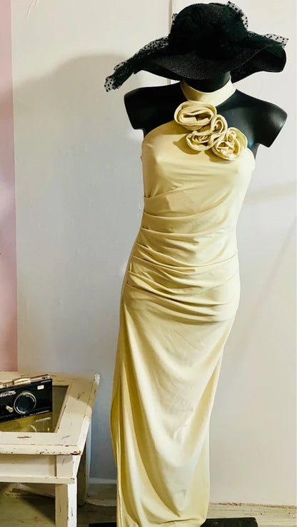 Abito Lungo Elegante Drappeggiato Scollo All’Americana Stola Sul Retro