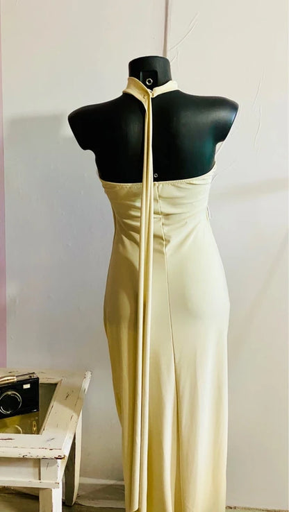 Abito Lungo Elegante Drappeggiato Scollo All’Americana Stola Sul Retro