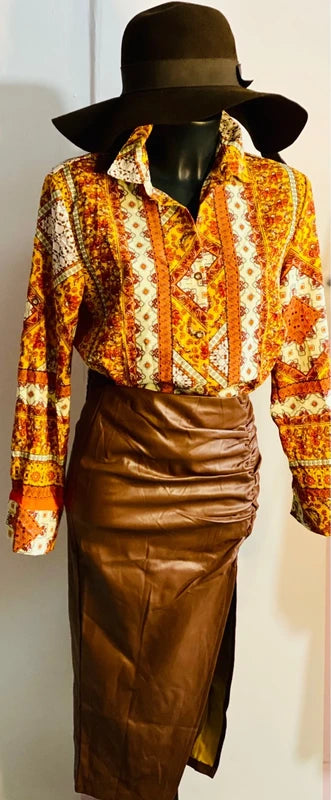 Camicia & Gonna In Ecopelle Drappeggiata Vita Alta