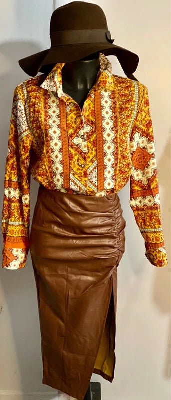 Camicia & Gonna In Ecopelle Drappeggiata Vita Alta