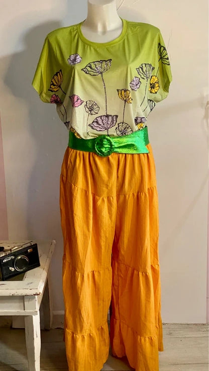 Curvy T-Shirt Con Strass Pantalone Con Balze Misure In Foto