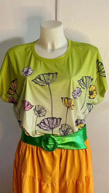 Curvy T-Shirt Con Strass Pantalone Con Balze Misure In Foto