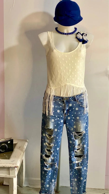 Vintage Top A Pois Jeans Strappati A Pois Misure In Foto