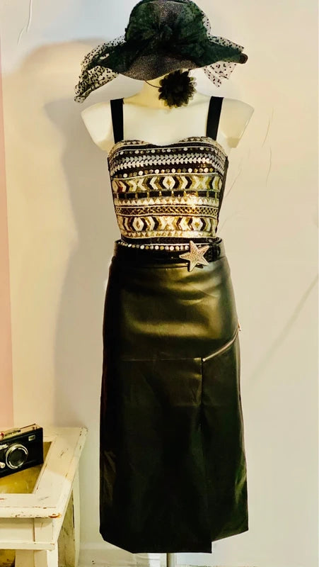 Top Con Paillettes Effetto Bustier Gonna Ecopelle Misure In Foto