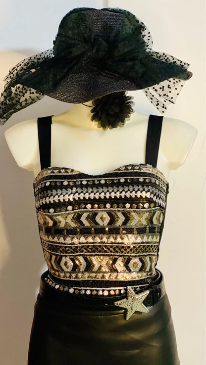 Top Con Paillettes Effetto Bustier Gonna Ecopelle Misure In Foto