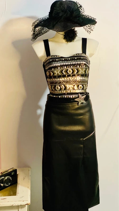 Top Con Paillettes Effetto Bustier Gonna Ecopelle Misure In Foto