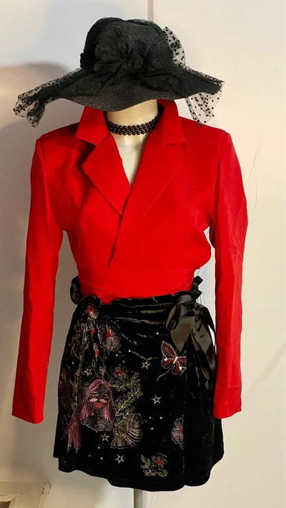 Blazer Giacca Crop Rossa Pantalone A Gonna in Velluto Misure Nelle Foto