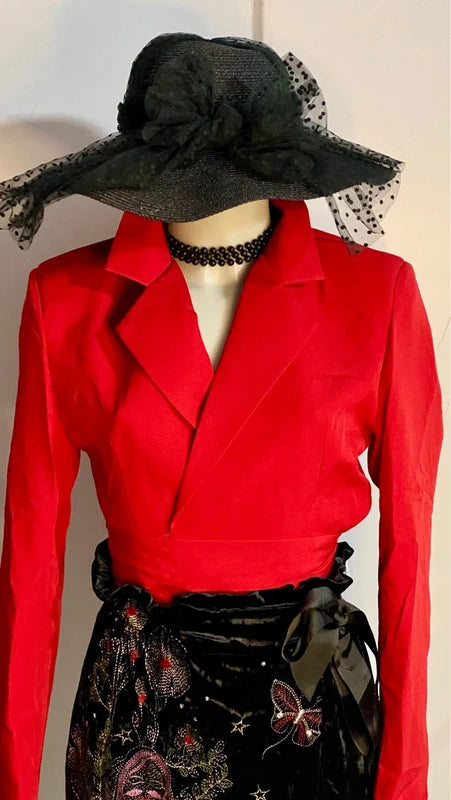 Blazer Giacca Crop Rossa Pantalone A Gonna in Velluto Misure Nelle Foto