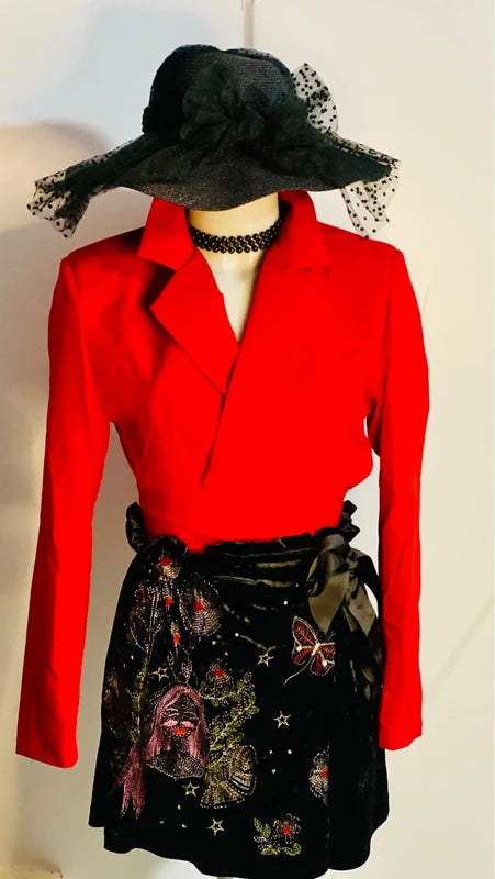 Blazer Giacca Crop Rossa Pantalone A Gonna in Velluto Misure Nelle Foto