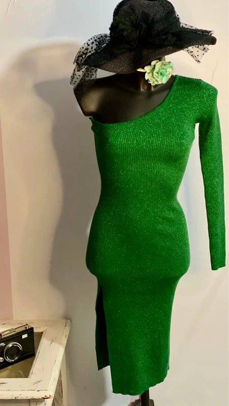 Abito Longuette Midi In Lanetta Glitterato Monospalla Elastico