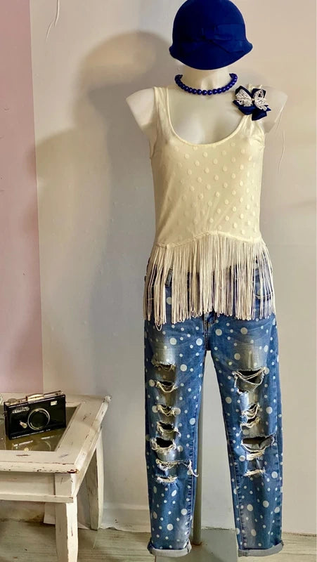 Vintage Top A Pois Jeans Strappati A Pois Misure In Foto