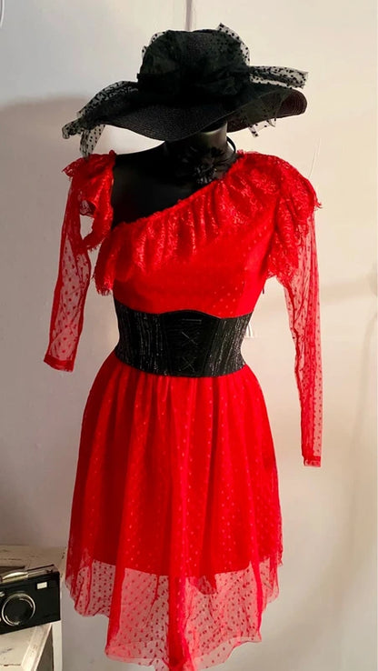 Abito Rosso In Tulle Con Pois Maniche In Pizzo Misure In Foto