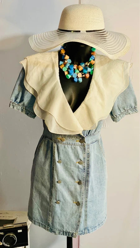 Meraviglioso Abito Denim Collo In Organza Misure Nelle Foto