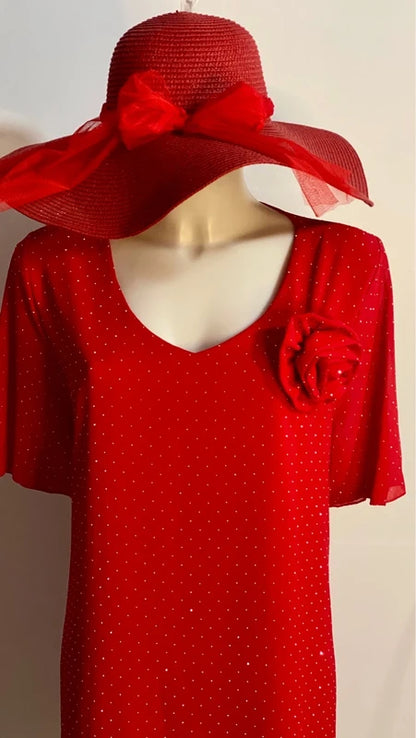 Abito Rosso Curvy Con Strassini & Spilla da una L fino ad una Taglia 60 Misure nelle Foto