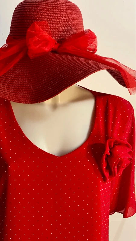 Abito Rosso Curvy Con Strassini & Spilla da una L fino ad una Taglia 60 Misure nelle Foto