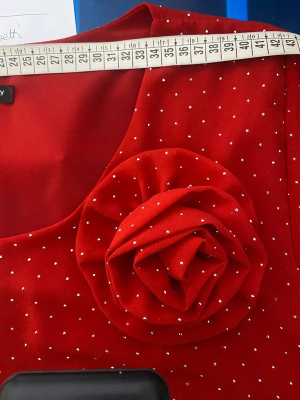 Abito Rosso Curvy Con Strassini & Spilla da una L fino ad una Taglia 60 Misure nelle Foto