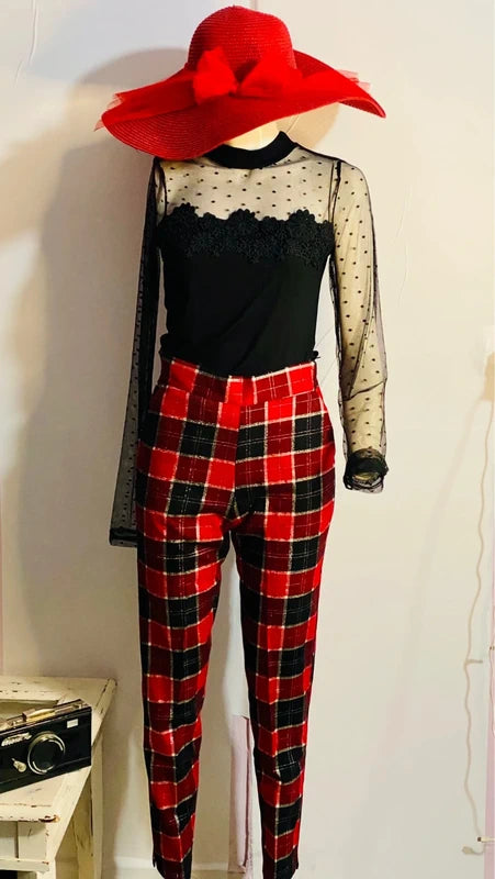 Pantalone a Vita Alta Rossi In Tartan Top Body Misure Nelle Foto