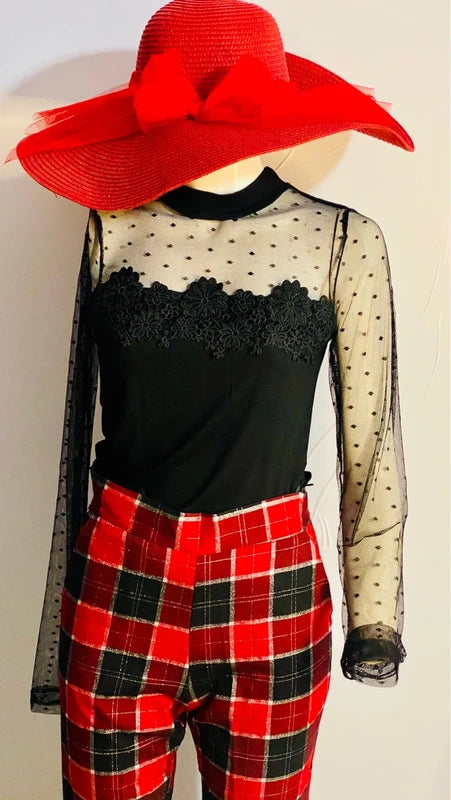 Pantalone a Vita Alta Rossi In Tartan Top Body Misure Nelle Foto