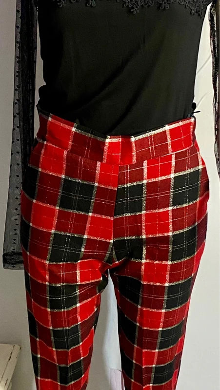 Pantalone a Vita Alta Rossi In Tartan Top Body Misure Nelle Foto