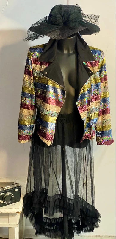 Chiodo Giacca Blazer Elegante Con Paillettes & Gonna Lunga In Tulle Misure nelle Foto