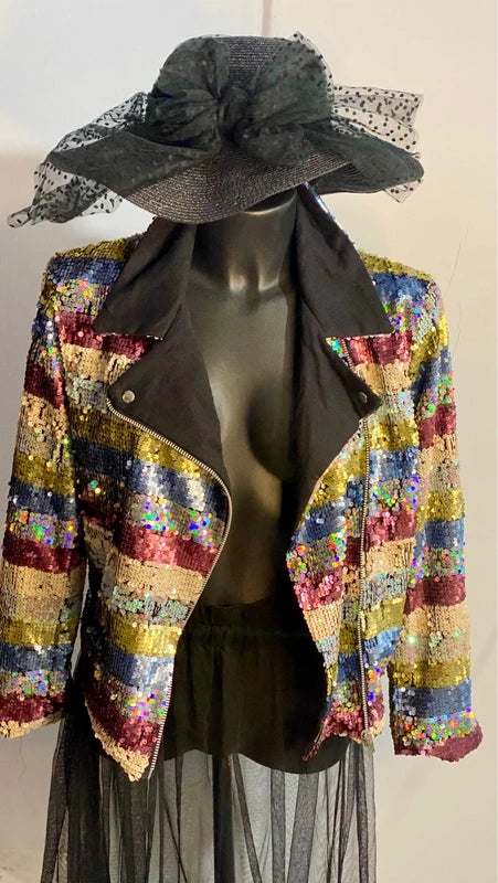 Chiodo Giacca Blazer Elegante Con Paillettes & Gonna Lunga In Tulle Misure nelle Foto